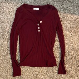 Aritzia Wilfred Ribbed V-Neck Long Sleeve Top in Wine